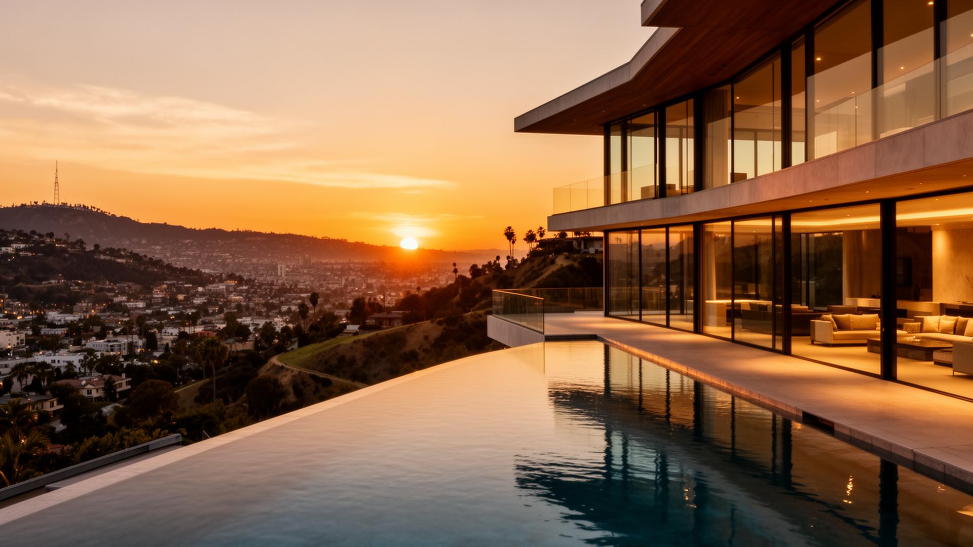 Luxury Hollywood Hills villa at sunset overlooking Los Angeles